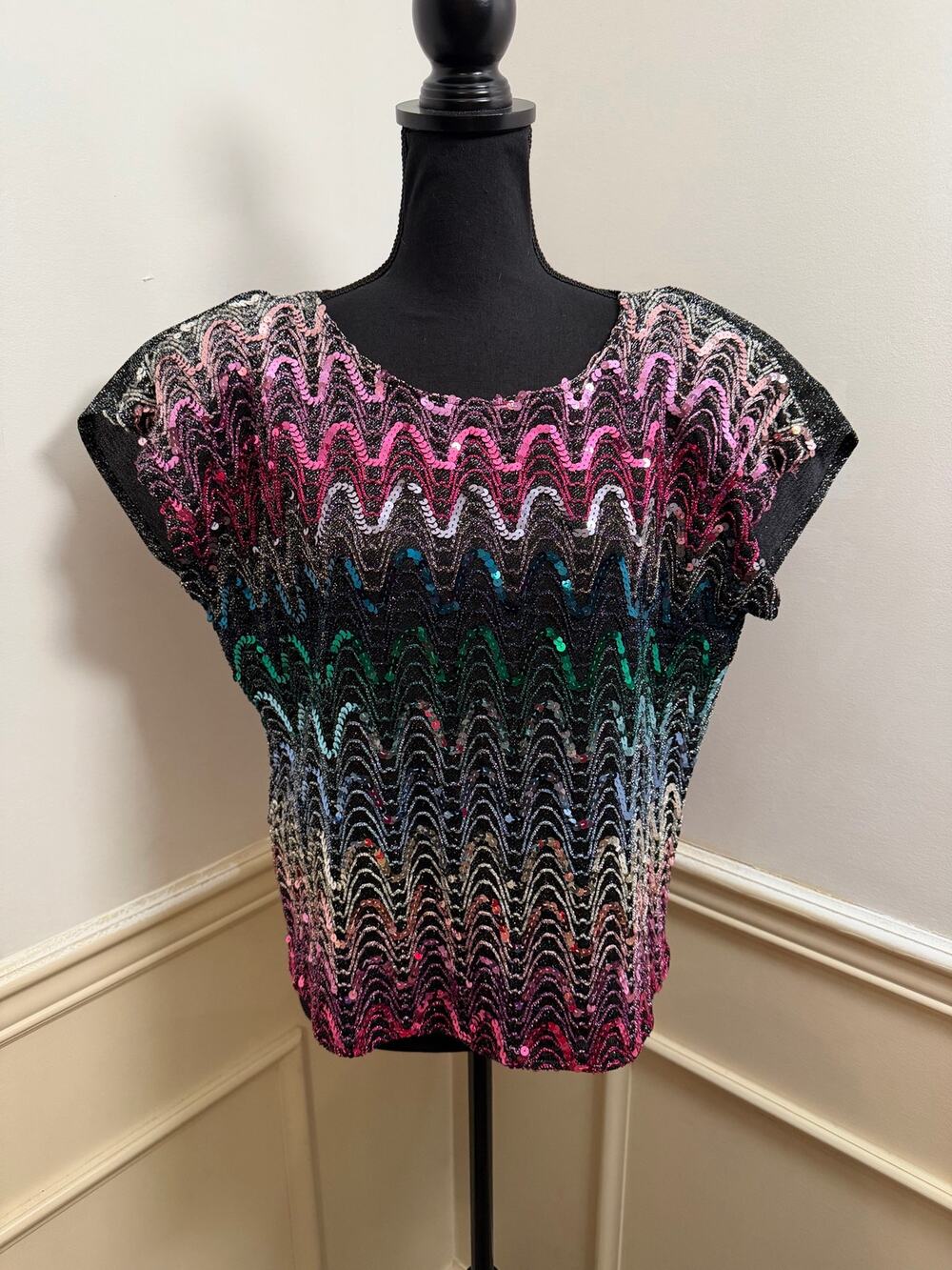 Vintage 1980s Lady Caribou Rainbow Sequin Lurex Chevron Wave Top Disco Glam